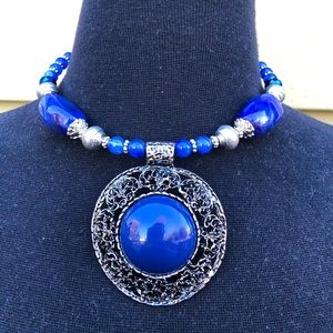 Large Blue Oval Pendant Necklace beaded estate jewelry very pretty